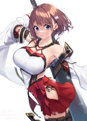 Rule 34 | 1girl, absurdres, baffu, bare shoulders, blue eyes, blush, breasts, brown hair, closed mouth, collarbone, detached sleeves, greatsword, hair ornament, hairclip, hakama, hakama short skirt, hakama skirt, highres, hitoyo (baffu), huge weapon, japanese clothes, large breasts, looking at viewer, original, red hakama, short hair, short hair with long locks, sideless outfit, simple background, single thighhigh, skirt, smile, solo, standing, sword, thighhighs, weapon, weapon on back, white background, wide sleeves