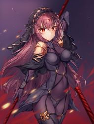 Rule 34 | 1girl, absurdres, arm behind back, armor, blush, bodysuit, circlet, covered navel, fate/grand order, fate (series), hair between eyes, highres, holding, holding weapon, lance, long hair, looking at viewer, parted lips, pauldrons, polearm, red eyes, red hair, scathach (fate), shoulder armor, solo, standing, veil, weapon, zerocat