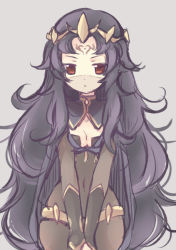 Rule 34 | 1girl, bad id, bad pixiv id, bodystocking, breasts, circlet, cleavage, detached collar, facial mark, fire emblem, fire emblem fates, forehead mark, long hair, messy hair, nintendo, nyx (fire emblem), purple hair, red eyes, simple background, small breasts, solo, teu (navy), veil, very long hair