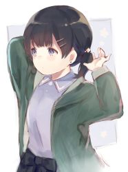 Rule 34 | 1girl, arms up, black bow, black hair, black skirt, blue eyes, blue skirt, blush, bow, closed mouth, collared shirt, commentary request, earrings, green jacket, hair ornament, hairclip, jacket, jewelry, long sleeves, looking away, low twintails, open clothes, open jacket, original, sencha (senta 10), shirt, skirt, solo, twintails