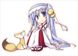 Rule 34 | 1girl, bell, blue eyes, blue hair, blush, fox, hachimaki, headband, japanese clothes, jingle bell, long hair, lowres, matching hair/eyes, miko, ofuda, sandals, smile, solo, t-ray
