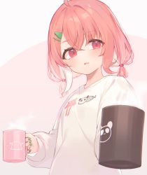 Rule 34 | 1girl, ahoge, blush, commentary, cup, fang, green nails, grey background, hair between eyes, hair ornament, hairclip, holding, holding cup, kanase (mcbrwn18), long sleeves, low twintails, mole, mole under eye, mug, multicolored hair, nail polish, nijisanji, parted lips, pink background, pink hair, print shirt, red eyes, sasaki saku, shirt, short twintails, sleeves past wrists, solo, steam, streaked hair, symbol-only commentary, twintails, two-tone background, upper body, virtual youtuber, white hair, white shirt