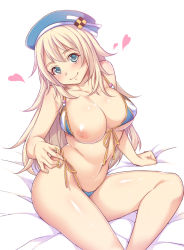 Rule 34 | 10s, 1girl, akihazama, atago (kancolle), bad id, bad pixiv id, bikini, blonde hair, blue eyes, breast slip, breasts, hat, kantai collection, large breasts, long hair, nipples, one breast out, revision, shiny skin, side-tie bikini bottom, sitting, smile, solo, swimsuit