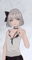 Rule 34 | 1girl, :d, alternate costume, arm at side, bare arms, bare shoulders, black bra, black neckwear, black ribbon, blunt bangs, bra, collarbone, contemporary, flat chest, green eyes, grey background, hair ribbon, highres, konpaku youmu, looking at viewer, md5 mismatch, open mouth, parted lips, reeh (yukuri130), resolution mismatch, ribbon, short hair, sleeveless, smile, solo, source smaller, teeth, touhou, triangle, underwear, upper body