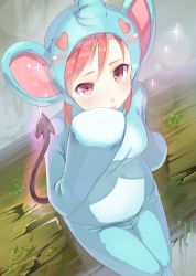 Rule 34 | 1girl, animal costume, blush, demon tail, elephant costume, goruva, hand to own mouth, heart, heart-shaped eyes, heart-shaped pupils, highres, looking at viewer, pink eyes, pink hair, sitting, solo, symbol-shaped pupils, tail, tree