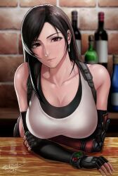 Rule 34 | 1girl, arm guards, armpit crease, artist name, bar (place), bare shoulders, black gloves, black hair, black skirt, blurry, blurry background, bottle, breast hold, breasts, cleavage, collarbone, commentary request, counter, crossed arms, earrings, elbow gloves, elbow pads, eyelashes, final fantasy, final fantasy vii, final fantasy vii remake, fingerless gloves, gloves, highres, jewelry, large breasts, leaning forward, light smile, lips, long hair, looking at viewer, materia, red eyes, seductive smile, sgk, shadow, shiny skin, sidelocks, signature, skirt, smile, solo, sports bra, suspenders, tank top, tifa lockhart, upper body, white tank top