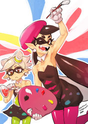 Rule 34 | + +, 2girls, :d, arm up, armpits, artist name, bare arms, bare shoulders, beaker, beret, black dress, black hair, breasts, callie (splatoon), cleavage, colo (nagrolaz), dated, detached collar, dress, earrings, fangs, female focus, green legwear, hat, highres, jewelry, long hair, looking at viewer, marie (splatoon), mask, mole, mole under eye, multiple girls, nintendo, object on head, one eye closed, open mouth, paintbrush, palette (object), pantyhose, pink legwear, pointy ears, short hair, short jumpsuit, smile, strapless, strapless dress, symbol-shaped pupils, tentacle hair, unitard, white hair, wink