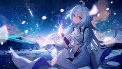 Rule 34 | 00kashian00, 1girl, asymmetrical gloves, black gloves, fate/grand order, fate (series), fingerless gloves, glacier, gloves, hair between eyes, highres, lady avalon (fate), lady avalon (third ascension) (fate), long hair, merlin (fate/prototype), mismatched gloves, multicolored clothes, multicolored gloves, outdoors, purple eyes, robe, sitting, smile, snow, solo, umbrella, very long hair, white gloves, white hair, white robe, white umbrella