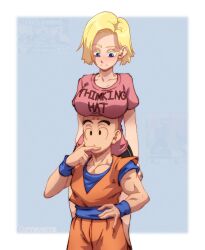 Rule 34 | 1boy, 1girl, android 18, bald, biceps, blonde hair, breast rest, breasts, breasts on head, clothes writing, dougi, dragon ball, dragonball z, facial mark, finger to mouth, forehead mark, ftw arts, hand on own hip, height difference, highres, husband and wife, kuririn, large breasts, muscular, muscular male, short hair, short shorts, shorts, smile, wristband