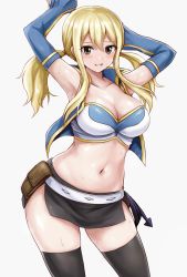Rule 34 | 1girl, armpits, arms up, bandeau, bare shoulders, belt, belt pouch, black skirt, black thighhighs, blonde hair, blue sleeves, blue vest, breasts, brown eyes, cleavage, collarbone, commentary request, cowboy shot, cropped vest, detached sleeves, earrings, fairy tail, grin, groin, hair between eyes, highres, jewelry, large breasts, long hair, looking at viewer, lucy heartfilia, midriff, miniskirt, navel, open clothes, open vest, partial commentary, pouch, r-binon, sidelocks, simple background, skindentation, skirt, smile, solo, standing, sweat, teeth, thighhighs, twintails, vest, white background, white bandeau, white belt, zettai ryouiki