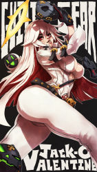 Rule 34 | 1girl, absurdres, ankh, ass, ball and chain restraint, bell-bottoms, belt, black gloves, breasts, candy, character name, commentary, spiked halo, copyright name, english commentary, food, gloves, guilty gear, guilty gear xrd, halo, highres, jack-o&#039; valentine, knight servant, large breasts, lips, lollipop, long hair, loose belt, mask, unworn mask, monori rogue, multicolored hair, no bra, nose, pants, plunging neckline, red eyes, red hair, solo focus, strap, studded belt, two-tone hair, very long hair, white hair