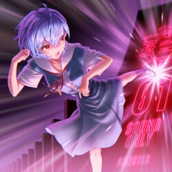 Rule 34 | 1girl, ayanami rei, blue hair, blue skirt, bow, bowtie, breasts, collared shirt, commentary, curled fingers, dominoes, dress shirt, film grain, glowing, hair between eyes, high kick, highres, kicking, medium breasts, monolith (object), motion blur, neck ribbon, neon genesis evangelion, open mouth, red bow, red bowtie, red eyes, red ribbon, ribbon, school uniform, seele (evangelion), shirt, shoes, short hair, short sleeves, shouting, skirt, socks, solo, standing, standing on one leg, suspender skirt, suspenders, tokyo-3 middle school uniform, uwabaki, white footwear, white shirt, white socks, yahha
