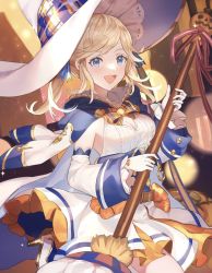 Rule 34 | 1girl, belt, blonde hair, blue eyes, blue ribbon, blush, breasts, broom, cape, capelet, choker, cleavage, cleavage cutout, clothing cutout, commentary request, corset, cucouroux (granblue fantasy), cucouroux (halloween) (granblue fantasy), detached sleeves, dress, gloves, granblue fantasy, hair ribbon, hat, highres, holding, holding broom, jack-o&#039;-lantern, kneeling, looking at viewer, medium breasts, medium hair, official alternate costume, open mouth, pumpkin, red ribbon, ribbon, shiromimin, sidelocks, smile, solo, sparkle, white dress, white gloves, white hat, witch hat