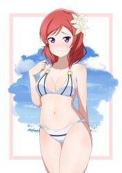 Rule 34 | 1girl, absurdres, arm behind back, artist name, artist request, bare legs, bare shoulders, bikini, blush, breasts, cleavage, collarbone, cutie panther, female focus, flower, hair between eyes, hair flower, hair ornament, highres, looking at viewer, love live!, love live! school idol festival, love live! school idol project, medium breasts, navel, nishikino maki, parted lips, purple eyes, red hair, shangri-la shower, short hair, showgirl skirt, side-tie bikini bottom, smile, solo, star (symbol), striped bikini, striped clothes, swimsuit, v-shaped eyebrows, white background, white bikini, white flower, worried