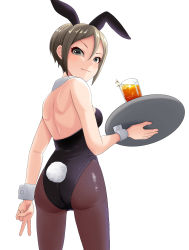 Rule 34 | 1girl, absurdres, animal ears, ass, black eyes, black leotard, black pantyhose, commentary request, cowboy shot, detached collar, fake animal ears, fishnet pantyhose, fishnets, from behind, glass, grey hair, highres, idolmaster, idolmaster cinderella girls, leotard, looking at viewer, looking back, pantyhose, playboy bunny, rabbit ears, rabbit girl, rabbit tail, shiomi syuko, short hair, solo, strapless, strapless leotard, t.r, tail, tray, wrist cuffs