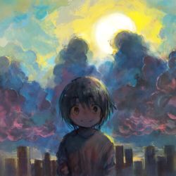Rule 34 | 1boy, 666haorare666, androgynous, bad id, bad twitter id, building, cityscape, cloud, cloudy sky, looking at viewer, male focus, no nose, original, outdoors, short hair, sky, smile, solo, sun, upper body