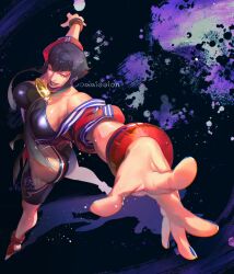 Rule 34 | 1girl, alternate color, ass, breasts, cleavage, dougi, fefeather, fisheye, hand focus, hands up, highres, hime cut, hip vent, large breasts, manon legrand, martial arts belt, purple hair, red wristband, skin tight, spandex, street fighter, street fighter 6, wristband