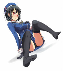 Rule 34 | 10s, 1girl, black gloves, black hair, black panties, black thighhighs, blush, feet, garter straps, gloves, highres, kantai collection, legs, looking at viewer, military, military uniform, nagioka, panties, personification, red eyes, short hair, simple background, solo, takao (kancolle), thighhighs, underwear, uniform, white background