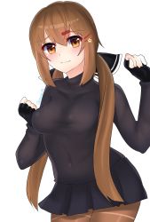 Rule 34 | 1girl, ayuko91, black bow, black skirt, blush, bow, breasts, brown hair, brown legwear, closed mouth, hair between eyes, hair ornament, highres, kantai collection, large breasts, long hair, looking at viewer, low twintails, miniskirt, one-hour drawing challenge, simple background, skirt, smile, solo, tashkent (kancolle), twintails, twitter username, white background