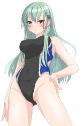 Rule 34 | 1girl, absurdres, alternate costume, aqua eyes, aqua hair, black one-piece swimsuit, blue one-piece swimsuit, blush, breasts, closed mouth, competition swimsuit, covered navel, cowboy shot, from below, gluteal fold, hair between eyes, hair ornament, hairclip, highres, kantai collection, long hair, looking at viewer, looking down, medium breasts, nitamako (sakamalh), one-piece swimsuit, open mouth, simple background, smile, solo, suzuya (kancolle), swimsuit, two-tone swimsuit, white background