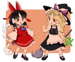 Rule 34 | 2girls, bare shoulders, black footwear, black hair, black headwear, black skirt, black vest, blonde hair, blush stickers, bow, braid, broom, brown eyes, chamaruk, detached sleeves, hair bow, hair tubes, hakurei reimu, hat, holding, holding broom, japanese clothes, kirisame marisa, legacy of lunatic kingdom, long hair, medium hair, mochi (touhou), multiple girls, nontraditional miko, open mouth, red bow, red skirt, ribbon-trimmed sleeves, ribbon trim, shirt, shoes, short sleeves, sidelocks, single braid, skirt, smile, socks, touhou, unfinished dream of all living ghost, vest, white shirt, white sleeves, white socks, wide sleeves, witch hat