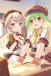 Rule 34 | 2girls, :d, apron, baking, beret, bowl, breasts, brown eyes, brown headwear, brown shirt, cabbie hat, center frills, character request, closed mouth, commentary request, flower knight girl, frills, green hair, grey hair, hair between eyes, hat, highres, holding, holding bowl, indoors, komugi (flower knight girl), mixing bowl, multiple girls, natsuki marina, open mouth, shirt, short sleeves, signature, small breasts, smile, striped clothes, striped shirt, vertical-striped clothes, vertical-striped shirt, waist apron, whisk, white apron, white shirt, wrist cuffs