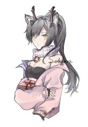 Rule 34 | 1girl, animal ears, arknights, bandeau, bare shoulders, black gloves, breasts, cat ears, character name, commentary request, fake antlers, fingerless gloves, gloves, hechahuaji, highres, jacket, long hair, looking at viewer, off shoulder, official alternate costume, pink jacket, ponytail, scarf, schwarz (arknights), schwarz (presents) (arknights), silver hair, simple background, small breasts, solo, strapless, tube top, upper body, white background, white scarf, yellow eyes