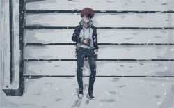 1boy blade_runner blade_runner_2049 blood blood_on_clothes blood_on_face blood_on_ground blood_on_hands blood_splatter coat cold corpse dark emiya_shirou fate/stay_night fate_(series) highres igote indoors jacket_black_and_white on_floor orange_hair outdoors pool_of_blood raglan_sleeves red_hair shokobr snow snowing stairs