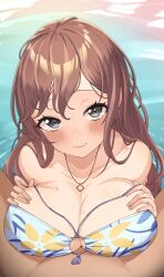 Rule 34 | 1boy, 1girl, absurdres, bang dream!, bare shoulders, bikini, blurry, blurry background, blush, breasts, breasts squeezed together, brown hair, cleavage, closed mouth, clothed female nude male, clothed sex, collarbone, commentary request, commission, day, depth of field, earrings, fingernails, floral print, grey eyes, hair between eyes, hands up, hetero, highres, imai lisa, implied paizuri, jewelry, large breasts, long hair, looking at viewer, necklace, nude, official alternate costume, outdoors, pendant, pov, print bikini, r-man, sidelocks, skeb commission, smile, solo focus, strap slip, swimsuit, upper body, water, wavy hair, wet, white bikini