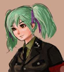 Rule 34 | 1girl, advance wars, advance wars: days of ruin, armband, green hair, military, military uniform, necktie, siaothe-sheep, solo, tabitha (advance wars), twintails, uniform, upper body, yellow eyes