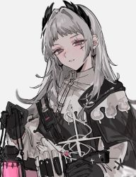 Rule 34 | 1girl, ammunition belt, aogisa, arknights, black eyes, black gloves, capelet, earrings, gloves, grey background, grey hair, head wings, highres, holding, holding lantern, irene (arknights), jewelry, lantern, long hair, long sleeves, looking at viewer, parted lips, red pupils, scar, scar across eye, scar on face, sheath, sheathed, simple background, solo, sword, upper body, very long hair, weapon, white capelet, wings