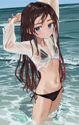Rule 34 | 1girl, bikini, blue eyes, blush, brown hair, closed mouth, duplicate, elisia valfelto, hair intakes, highres, long hair, looking at viewer, luicent, ocean, original, partially submerged, see-through, shirt, solo, swimsuit, wet, wet clothes, wet shirt, white shirt
