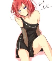 Rule 34 | 10s, 1girl, 2014, bare shoulders, breasts, choker, dated, dress, elbow gloves, gloves, jiino, looking at viewer, love live!, love live! school idol project, medium breasts, nishikino maki, purple eyes, red hair, short hair, solo, white background