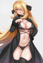 Rule 34 | 1girl, bikini, black bikini, black collar, black thighhighs, blonde hair, breasts, cleavage, collar, commentary request, creatures (company), cynthia (pokemon), eyelashes, fur collar, game freak, grey background, hair ornament, hair over one eye, hand up, large breasts, long hair, navel, nintendo, parted lips, pokemon, pokemon dppt, r-binon, revision, shiny skin, signature, simple background, solo, swimsuit, thighhighs, very long hair, yellow eyes