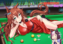 Rule 34 | + +, 2girls, :&gt;, puff of air, alcohol, animal ears, aqua bow, ball, bangle, bar (place), bar stool, billiard ball, black bow, black footwear, bottle, bow, bracelet, braid, breasts, brown hair, character name, clenched hands, closed mouth, cocktail glass, commentary request, cup, dress, drinking glass, green eyes, hair between eyes, hair bow, hand on own thigh, head rest, heart, high heels, horse ears, horse girl, horse tail, jewelry, large breasts, long hair, looking at another, looking at viewer, lying, maruzensky (umamusume), multicolored hair, multiple girls, on side, outline, pool table, purple bow, purple eyes, red dress, ring, school uniform, serafuku, shoes, sleeveless, sleeveless dress, special week (umamusume), stool, table, tail, umajiri gyuunyuu, umamusume, very long hair, white hair, white outline