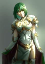 Rule 34 | 1girl, aduti momoyama, armor, belt, black thighhighs, blurry, bob cut, boots, breastplate, cape, depth of field, dithorba (fire emblem), dress, elbow gloves, female focus, fire emblem, fire emblem: genealogy of the holy war, gloves, gold trim, green eyes, green hair, grey background, highres, looking at viewer, matching hair/eyes, nintendo, pelvic curtain, short dress, short hair, shoulder armor, simple background, sleeveless, solo, standing, thigh boots, thighhighs, thighs, turtleneck, white armor, white dress, white footwear, white gloves, zettai ryouiki