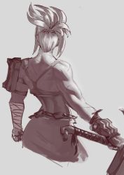 Rule 34 | 1girl, bandaged arm, bandages, braid, chain, from behind, grey background, hair up, highres, holding, holding sword, holding weapon, league of legends, medium hair, muscular, muscular female, nirefuster, riven (league of legends), simple background, single bare shoulder, skirt, solo, sword, weapon