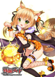Rule 34 | 1girl, :3, animal ears, bad id, bad pixiv id, blonde hair, breasts, elbow gloves, fang, fox ears, fox tail, garter straps, gloves, gradient background, green eyes, heart, heart-shaped pupils, jack-o&#039;-lantern, long hair, multicolored hair, multiple tails, mvv, original, single glove, small breasts, solo, symbol-shaped pupils, tail, thighhighs, two-tone hair, underboob, zhan ji tian xia