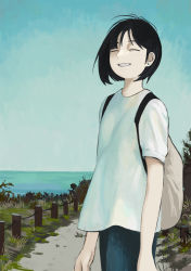 Rule 34 | 1girl, absurdres, arms at sides, backpack, bag, black hair, closed eyes, commentary request, denim, earrings, grass, happy, highres, horizon, jeans, jewelry, original, outdoors, pants, shirt, short hair, short sleeves, smile, solo, standing, stud earrings, swept bangs, turquoise iro, white shirt