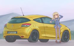 Rule 34 | 1girl, blush, eyebrows, glasses, license plate, long hair, panties, pantyshot, perrine h. clostermann, renault, renault megane rs, solo, standing, strike witches, tomo (f2000), underwear, vehicle, white panties, world witches series