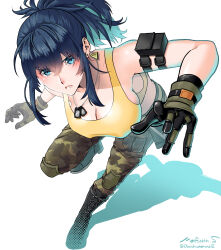 Rule 34 | 1girl, absurdres, armlet, bare shoulders, blue eyes, blue hair, boots, breasts, camouflage, camouflage pants, combat boots, dog tags, gloves, highres, large breasts, leona heidern, pants, ponytail, sakura mafumi, signature, solo, tank top, the king of fighters, the king of fighters xv, twitter username, white background, yellow tank top