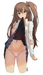 Rule 34 | 1girl, arm at side, arm behind back, artist name, bad id, bad pixiv id, blue skirt, blush, breasts, brown eyes, brown hair, clothes in mouth, clothes lift, collared shirt, cropped legs, girls&#039; frontline, hair between eyes, hair ornament, highres, holding elbow, lifted by self, long hair, long sleeves, looking at viewer, navel, no bra, one side up, open clothes, open shirt, panties, pleated skirt, scar, scar across eye, scar on face, shirt, side ponytail, sideboob, sidelocks, simple background, skirt, skirt in mouth, skirt lift, small breasts, solo, standing, stomach, thighs, turi, twintails, ump45 (girls&#039; frontline), unbuttoned, unbuttoned shirt, underwear, white background, white panties, white shirt