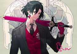 Rule 34 | 1boy, black hair, black jacket, black necktie, closed mouth, collared shirt, commentary request, constantine xi (fate), earrings, fate/grand order, fate (series), gloves, grey eyes, hair between eyes, holding, holding sword, holding weapon, jacket, jewelry, kurahana chinatsu, long sleeves, looking at viewer, male focus, medium hair, necktie, over shoulder, red gloves, red vest, scabbard, sheath, shirt, signature, smile, solo, suit jacket, sword, upper body, vest, weapon, weapon on back, weapon over shoulder, white shirt