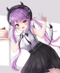Rule 34 | bad id, bad pixiv id, belt, black headwear, black ribbon, blush, cake, demon tail, food, green eyes, hair ornament, hairclip, hat, highres, hololive, horns, long hair, multicolored hair, open mouth, pink hair, plate, pu lona, purple hair, ribbon, smile, tail, tokoyami towa, twintails, virtual youtuber, white background