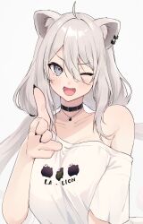 Rule 34 | 1girl, ahoge, akai ame, animal ears, black choker, black nails, blush, breasts, choker, clothes writing, commentary request, fingernails, grey background, grey eyes, grey hair, hair between eyes, highres, hololive, jewelry, lion ears, lion girl, long hair, looking at viewer, low twintails, medium breasts, nail polish, necklace, off shoulder, one eye closed, open mouth, shirt, shishiro botan, shishiro botan (casual), simple background, solo, t-shirt, twintails, virtual youtuber, white shirt