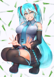 Rule 34 | 1girl, absurdres, bare shoulders, black thighhighs, blue eyes, blue hair, breasts, detached sleeves, grin, hatsune miku, highres, kujuu shikuro, long hair, looking at viewer, necktie, skirt, sleeveless, smile, solo, squatting, thighhighs, twintails, very long hair, vocaloid