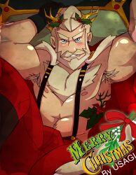 Rule 34 | 1boy, absurdres, arms up, artist request, bara, beard, christmas, crown, excessive armpit hair, facial hair, feet out of frame, hat, highres, huge eyebrows, male focus, mature male, merry christmas, muscular, muscular male, mustache, navel hair, nipples, old, old man, original, pectorals, red hat, santa costume, santa hat, short hair, solo, spread legs, suspenders, tattoo, thick beard, thick chest hair, thick eyebrows, thick mustache, v-shaped eyebrows