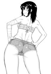 Rule 34 | 10s, 1girl, ass, back, bandages, bandeau, contrapposto, cutoffs, denim, denim shorts, dimples of venus, dr.p, flat ass, greyscale, hands on own hips, kanbaru suruga, long hair, looking back, monochrome, monogatari (series), nisemonogatari, short shorts, shorts, solo, standing