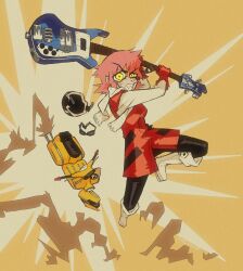 Rule 34 | 1girl, absurdres, boots, fangs, flcl, gloves, green eyes, guitar, haruhara haruko, highres, instrument, machitoons, messy, messy hair, motor vehicle, pink hair, red gloves, scene reference, scooter, solo, vespa, white footwear, yellow background