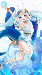 Rule 34 | 1girl, :d, arm behind head, armpits, arms up, blue eyes, blue hair, choker, dress, fins, fish tail, gawr gura, gawr gura (party dress), gotou (nekocat), highres, hololive, hololive english, long hair, looking at viewer, multicolored hair, official alternate costume, open mouth, sandals, shark tail, sharp teeth, smile, solo, streaked hair, tail, teeth, toeless footwear, twintails, upper teeth only, virtual youtuber, white dress, white hair, yellow choker, yellow footwear